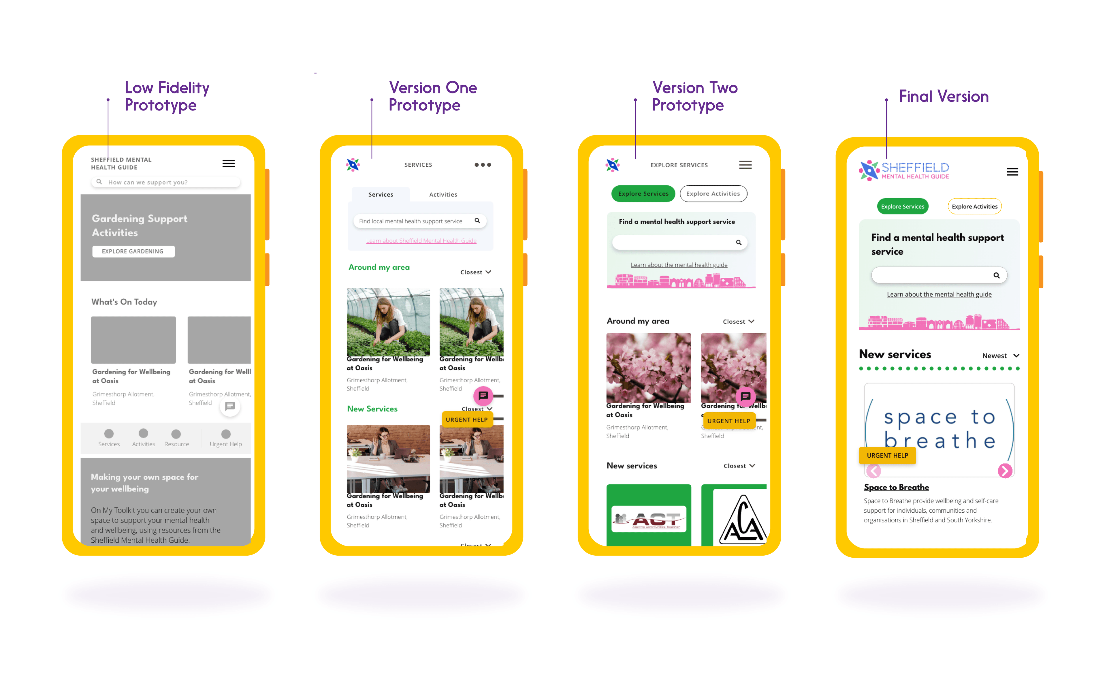 Low-fidelity prototype, version one, version two and final version on mobile.